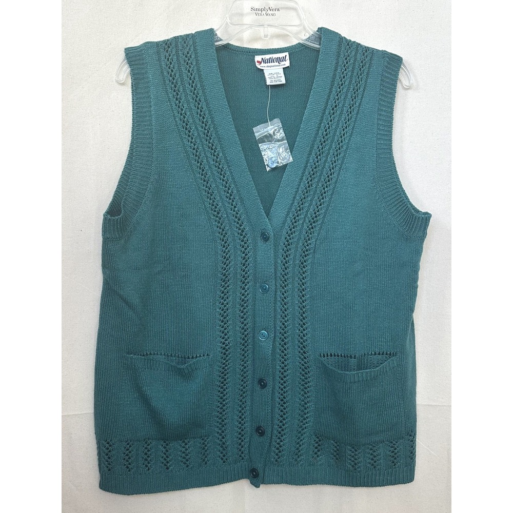 Vtg National Cottage‎ Teal Green Button Front Pointelle Open Knit Vest Womens L